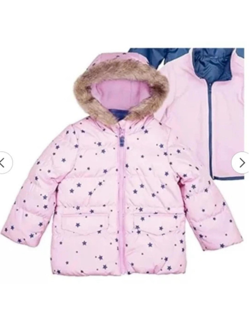 Pink puffer jacket with dark blue stars #pufferjacket #stars